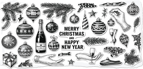 A festive collection of hand-drawn Christmas and New Year elements arranged around a central greeting message on a clean background from a direct viewpoint