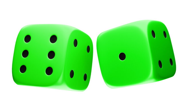 Two standard six-sided colored dice being rolled, with their faces visible. The colored dice in flight after being rolled.