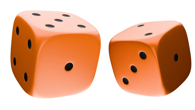 Two standard six-sided colored dice being rolled, with their faces visible. The colored dice in flight after being rolled.