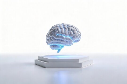 Floating illuminated human brain 3D model resting on a modern geometric pedestal with copy space for artificial intelligence and science concept.