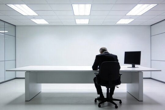 Mature businessman sitting alone slumped over a minimalist white desk in a sterile modern office with copy space for stress or failure concept.