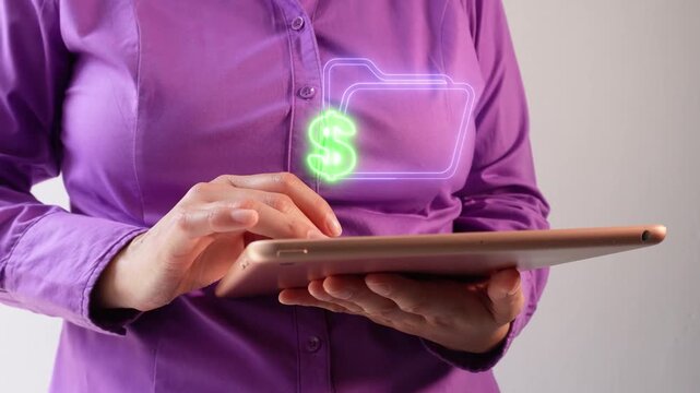 Financial folder. Close-up of a businesswoman interacting with her tablet. A virtual folder icon with a money symbol.