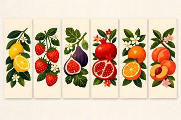 Collection of abstract fruit poster. Contemporary art print with hand drawn strawberry, lemon, peach and orange. Trendy design for wall decor, postcard, cover, packaging, t shirt
