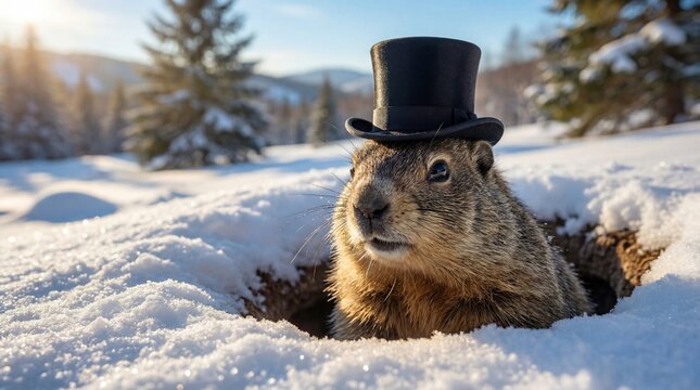 Funny Groundhog Wearing Black Top Hat Peeking Out of Snow Hole. Groundhog Day Prediction Concept