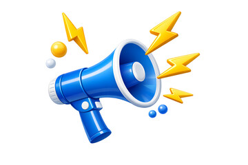 3D Blue megaphone and flash lightnings. Special offer. Social media promotion. Marketing time concept. Loudspeaker or speaker object. Realistic design emoji icon. 3D Vector illustration