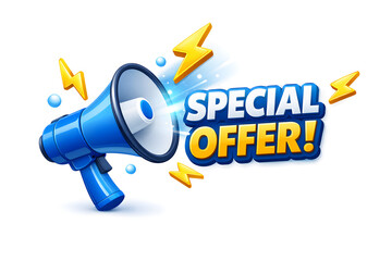 3D Blue megaphone and flash lightnings. Special offer. Social media promotion. Marketing time concept. Loudspeaker or speaker object. Realistic design emoji icon. 3D Vector illustration