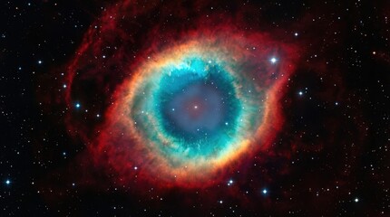 Obraz premium Vibrant Helix Nebula in Deep Space with Red and Blue Cosmic Gas Clouds Forming an Eye-like Structure, a Planetary Nebula in the Constellation Aquarius