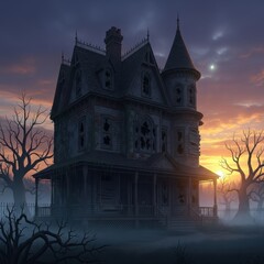 Eerie Mansion at Dusk - A Haunted House Illustration.