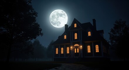 Eerie Mansion Under the Moonlight - A Spooky Night Scene.