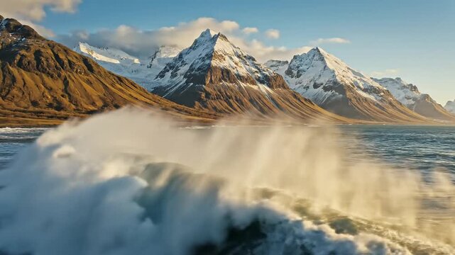 Majestic mountains meet turbulent ocean waves crashing against the shore with mist rising high in the air