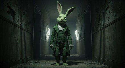 Eerie Rabbit Figure in Dark Corridor - A Surreal Encounter.