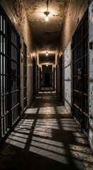 Eerie Prison Corridor with Shadows and Grimy Walls.