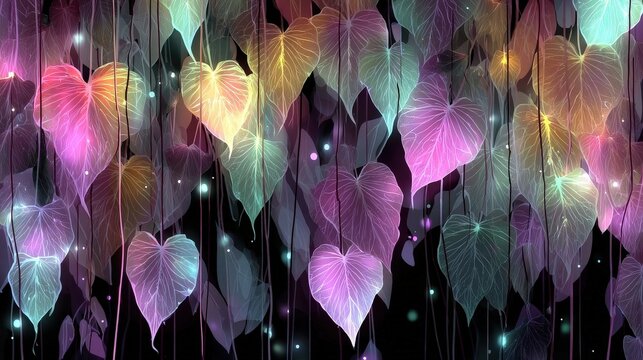 Colorful Heart-Shaped Leaves with Ethereal Glow on Dark Background