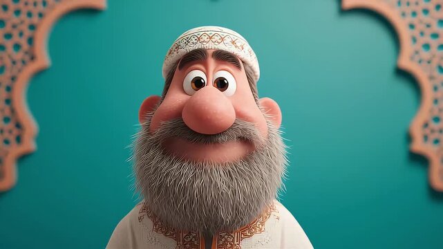 A joyful, animated man wishes you a blessed Ramadhan Kareem with a warm smile, embodying the spirit of the holy month