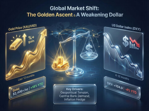 Infographic illustrating the key macroeconomic trend, gold price, us dollar index.