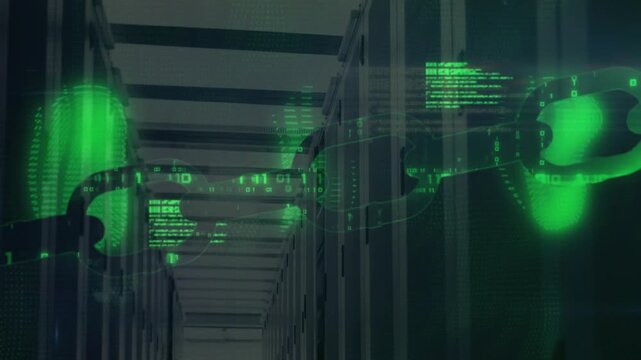Green chain graphic fading in from sides, stretching, pulsing code to show data flow across racks