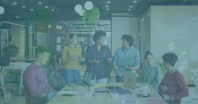 Business team at table, central woman rising and leading update, animated bullets marking laptop