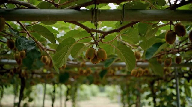 Close-up view of ripe kiwi fruits hanging from lush green vines in a well-maintained orchard.