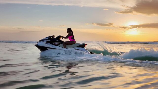 A woman in a bright pink swimsuit rides a white jet ski across ocean waves at sunset with a golden sky in the background