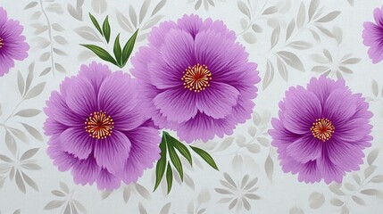 Obraz premium Vibrant Purple Flowers on Floral Background with Green Leaves