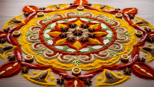 Intricate Spice Mandala Art: Colorful Food Design, Diwali Decoration, Festive Patterns