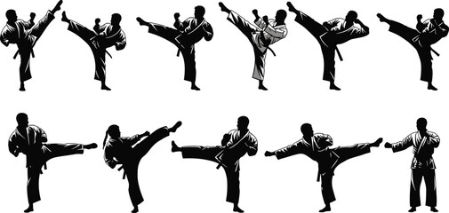 Martial arts kick pose collection, karate fighter silhouettes, combat sport training actions, black flat vector illustration © MdNurIslam