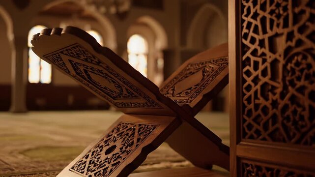 Exquisite Geometric and Floral Carvings on Wooden Rehal in Serene Mosque Ramadan Interior