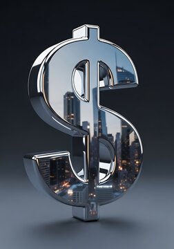 A gleaming chrome dollar sign reflecting a vibrant city skyline at night, symbolizing finance and urban prosperity