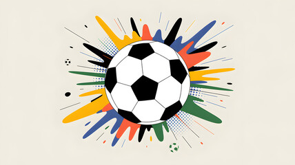 A soccer ball explodes with color and movement in artistic illustration.