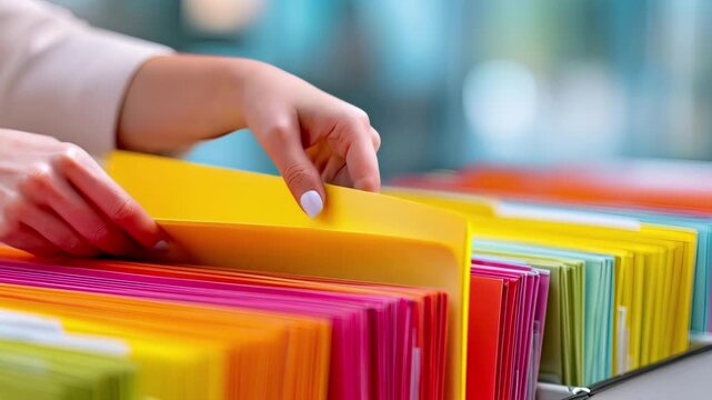 Close Up Businesswoman Hands Searching Through Colorful Hanging File Folders in Office Cabinet