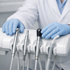 Modern dental clinic equipment with gloved hands arranging handpieces and suction tools on clean unit professional dentistry hygiene procedure concept for oral care treatment and sterilization