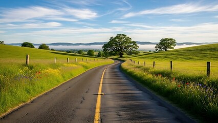 Rural road through green countryside landscape.