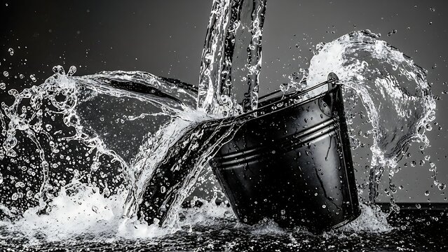 Buckets overflowing with splashing water outdoors.