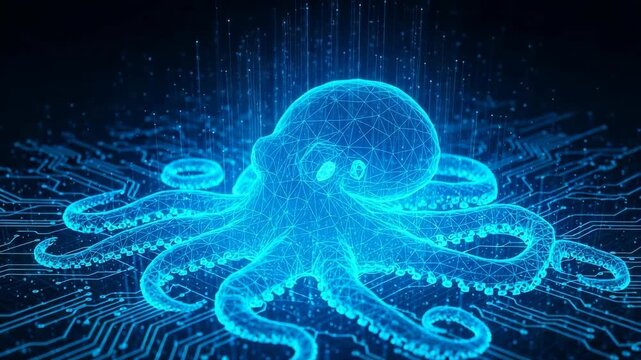 Digital Neon Octopus Rendered In Geometric Lines Pulsating Energy Overlaid On Circuit Board With Blue Particles In The Background Illustrative Use For Technology Ai Related Concept