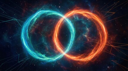 Obraz premium Abstract sci-fi background showing two intersecting cosmic energy rings (blue and red) against a starry nebula, symbolizing duality, connection, and technology.