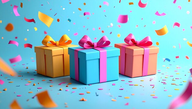 Celebratory scene features three vibrantly wrapped gift boxes amidst falling and scattered colorful confetti on a bright blue surface, perfect for festive occasions
