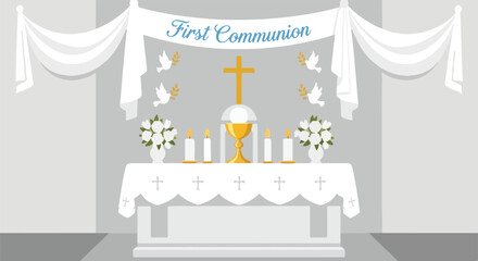 A simplistic vector illustration of a First Communion altar scene