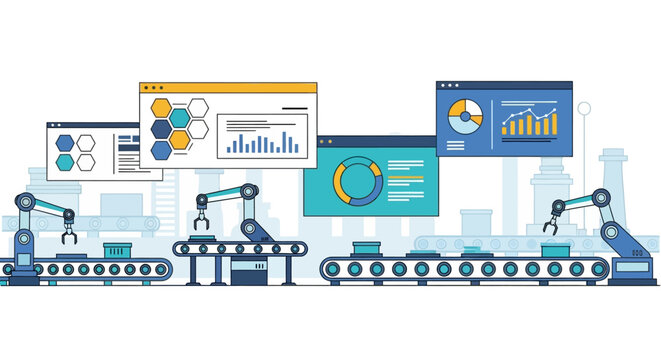 An illustration depicting a smart factory concept with robotic arms and screens displaying data analysis and quality control inspection in an industrial setting.
