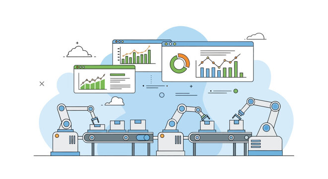 Illustration of a smart factory concept with robotic arms working on a production line with quality control inspection and industry 5. against a light blue background with various graphs.