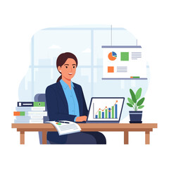 Naklejka premium Businesswoman working at desk with laptop showing financial chart and presentation screen