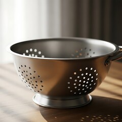 Sleek stainless steel colander on a wooden surface, bathed in soft light