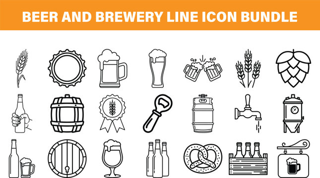 Beer and brewery line icon bundle. Hops, barley, and pub symbols, flat outline vector illustration for alcohol and craft beer.