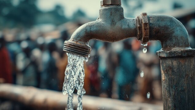 Old metal tap with flowing water in a crowded public area.