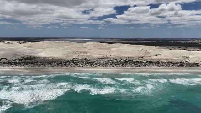 Long Beach and Cactus Beach, Penong, South Australia &ndash; 4k aerial drone footage of coastal sand dunes, salt lakes, limestone cliffs and Southern Ocean shoreline
