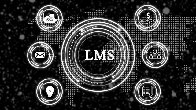 Quality Management System LMS, concept animation with circular digital interface and connected icons representing documentation, communication, process control, compliance, finance, innovation,