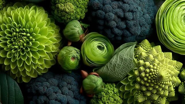 Vibrant green floral and vegetable arrangement close up studio shot
