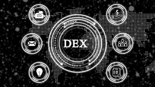 Quality Management System DEX, concept animation with circular digital interface and connected icons representing documentation, communication, process control, compliance, finance, innovation,