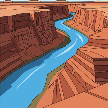 A stylized cartoon illustration of a canyon with a winding blue river