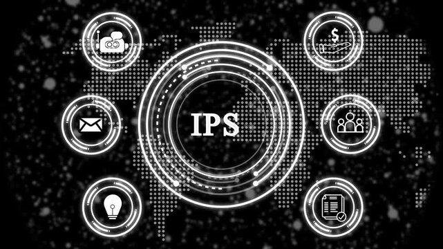 Quality Management System IPS, concept animation with circular digital interface and connected icons representing documentation, communication, process control, compliance, finance, innovation,