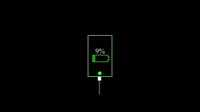 fast charging .Abstract sign of the neon mobail phone battery charging on the black screen background.	
